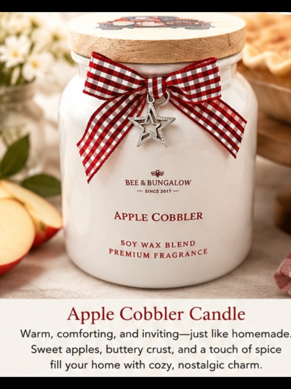 Apple Cobbler Soy Wax Candle - White with Red Bow